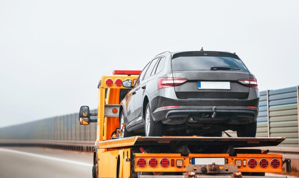 Flatbed transporter on the highway.